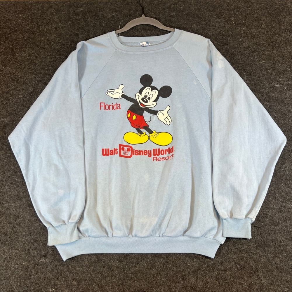 Vintage 80s Walt Disney World Mickey Mouse Sweatshirt XL Light Blue Florida USA